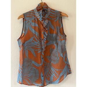 Womens CABI Tropical Top Semi-Sheer Ruffled Buttoned Sleeveless Copper Blue Sz M